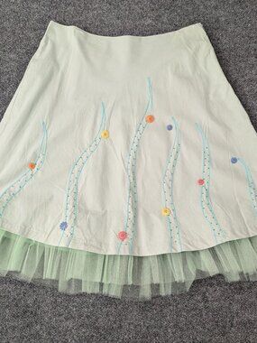LAPIS Skirt XL Green Fairy Floral Bead Embroidered Whimsical Zip Tulle Lined